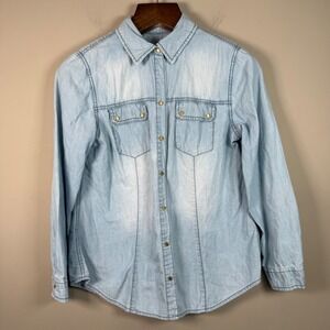 Chico's Light Wash Chambray Denim Snap Button Down Shirt Western